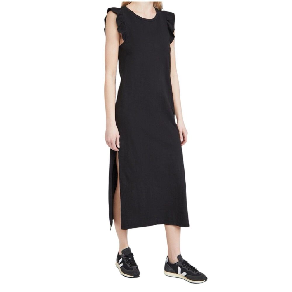 Sundry Black Midi Ruffle Sleeve Trim Front Split Cotton Relaxed Dress Size 1